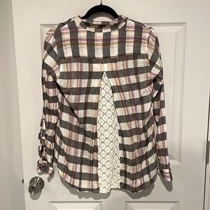 Purple White and Gray Button Up with lace detail